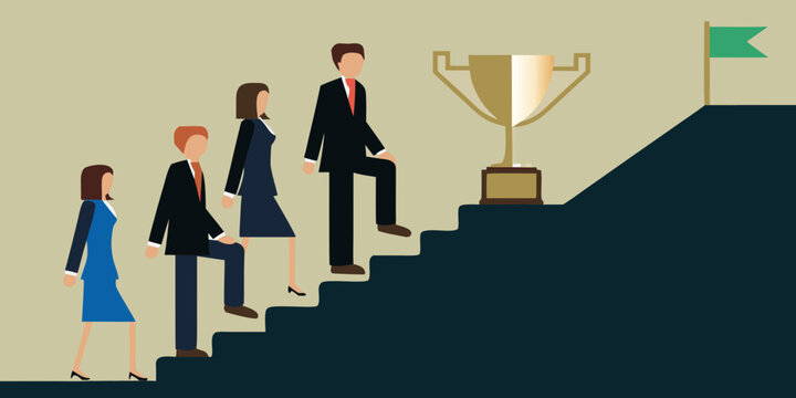 Professionals Ascending Staircase With Trophy Flat Vector Illustration
