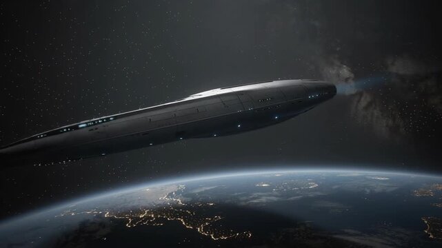 Futuristic spaceship orbiting Earth with glowing city lights and starry space background at night