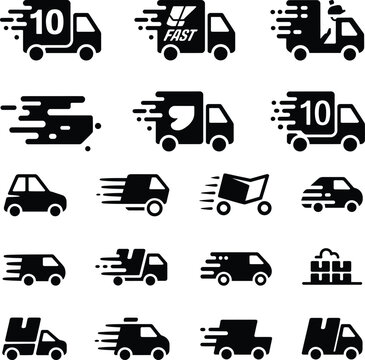 Set of fast delivery truck and shipping logistics icons with delivery shipping logistics business