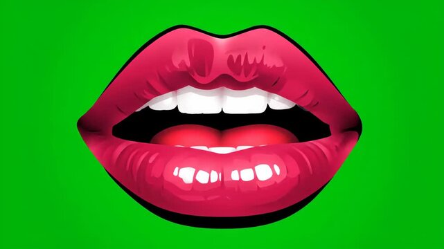 Vibrant Red Lips with White Teeth on a Bright Green Background, Pop Art Style.