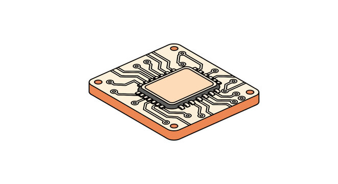 Isometric computer processor unit chip in peach and orange tones