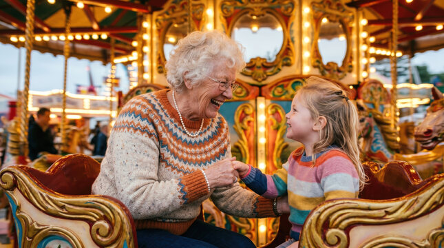 Happy grandmother and granddaughter on fairground carousel