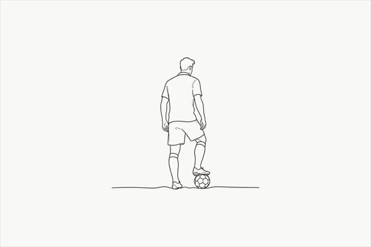 Continuous line art drawing of a soccer player standing and stepping on a ball from back view. Football, sports, training, and athlete concept vector on white background. Vector illustration.