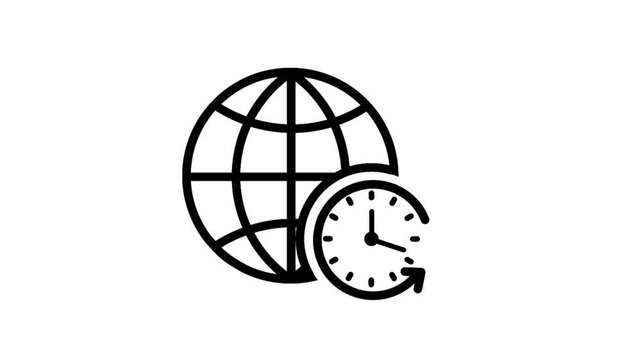 Black outline global time icon for schedule, timezone, and communication concept