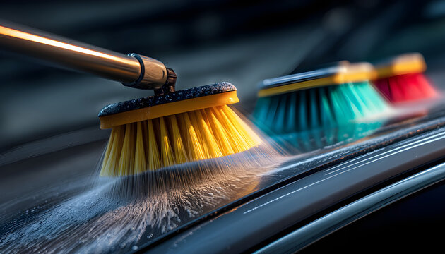 Side-angle close up of a luxury car roof being cleaned with colorful car wash brushes, foam swirling around, motion blur of bristles, polished metallic surface gleaming under vibrant light