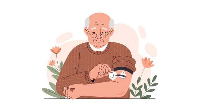 Elderly man applying insulin pen