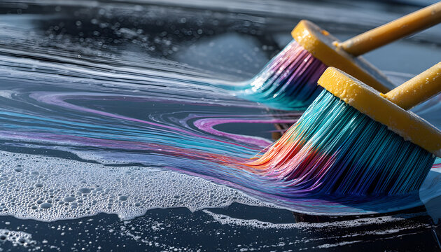 Side-angle close up of a luxury car roof being cleaned with colorful car wash brushes, foam swirling around, motion blur of bristles, polished metallic surface gleaming under vibrant light