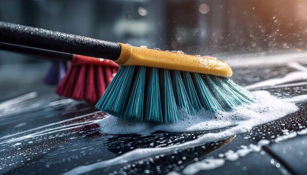 Side-angle close up of a luxury car roof being cleaned with colorful car wash brushes, foam swirling around, motion blur of bristles, polished metallic surface gleaming under vibrant light
