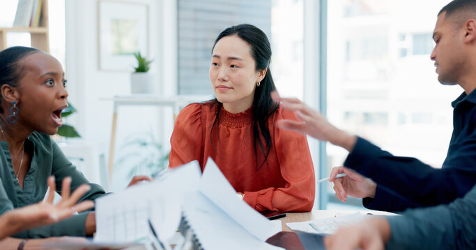 Angry, business and people arguing in meeting with conflict, disagreement and performance criticism. Upset, team and shouting for paperwork mistake, policy misunderstanding and communication issues