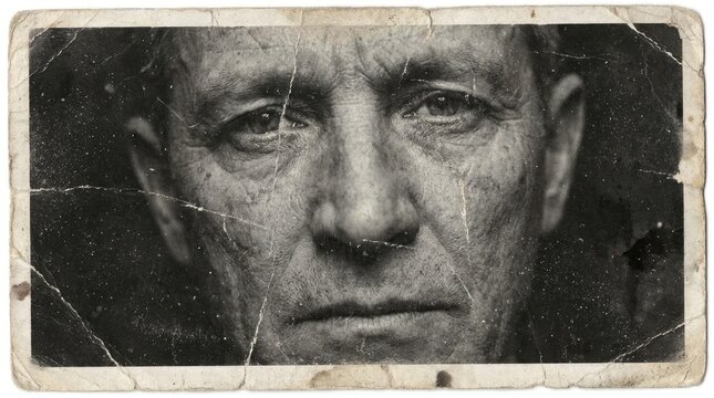 Spooky blonde girl in worn black and white photo concept. A close-up portrait of a weathered man with deep expressions.
