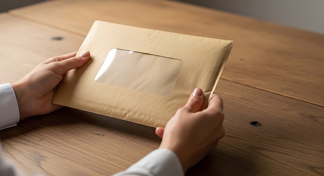 Person holding a brown padded envelope with window on wooden table