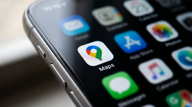 Google Maps logo mobile app on a screen smartphone iPhone closeup. Google Maps is a web mapping service that offers satellite imagery, street maps, and navigation for global travel and traffic.