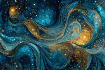 Obraz premium Abstract digital artwork depicting mesmerizing swirls of blue and gold, resembling a cosmic ocean under starry night sky with vibrant colors and fluid patterns