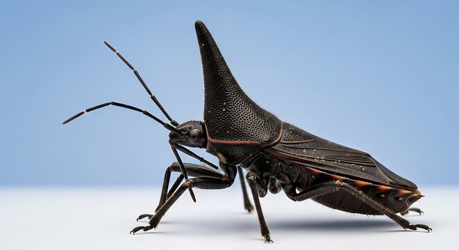 Profile of a unique horned treehopper insect on a plain background