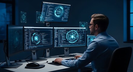 Obraz premium A focused cybersecurity professional works late at night, surrounded by glowing screens displaying intricate code and data visualizations.