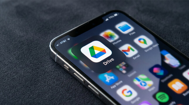 Google Drive logo mobile app on a screen smartphone iPhone. Google Drive is a file storage and synchronization service developed by Google that allows users to store and share files in the cloud.
