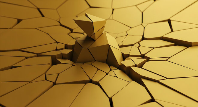 Golden surface cracked and broken into pieces on the ground closely