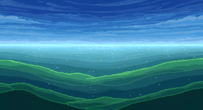 A serene pixel art landscape featuring rolling green hills and a layered blue sky dotted with sparkling lights.