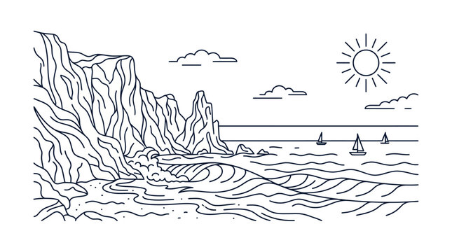 Black line drawing of ocean waves.