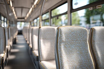 Fototapeta premium Abstract pattern of repeating seats inside a nearly empty public bus, clean lines, minimalist composition, photorealistic, natural light, 8k,