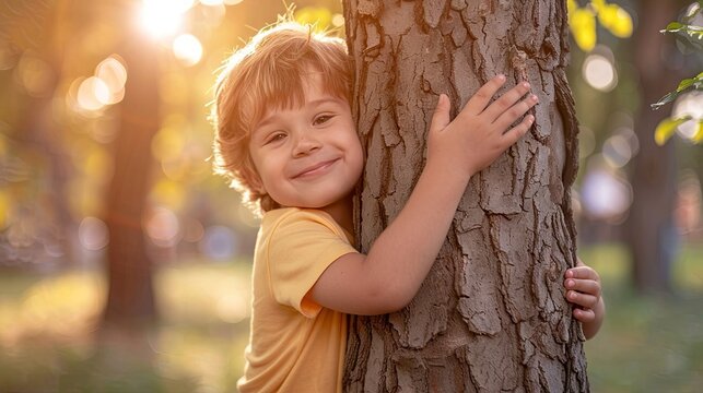 Happy Little Boy Hugging Tree in Sunlight &ndash; Child Connection with Nature, Eco Lifestyle, Environmental Care Concept