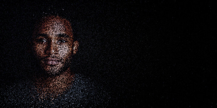 Digital ID Portrait of Caribbean Man with Face made up of Numbers and Symbols. Digital certificates Concept with copy-space.
