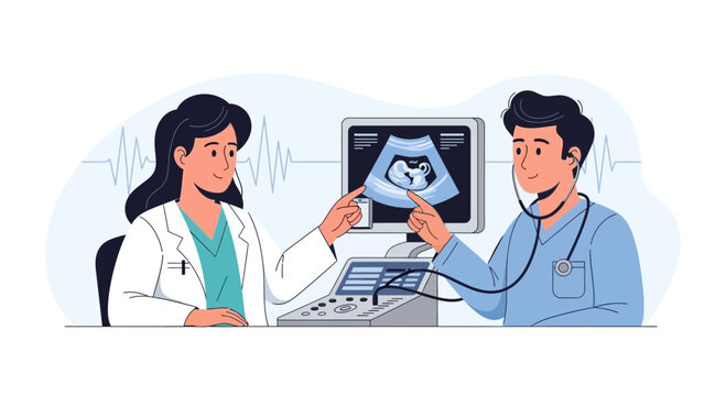 Doctors examine ultrasound scan of fetus. Medical professionals observing baby on monitor.