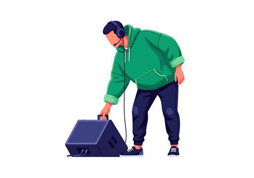 Illustration of a professional stagehand or DJ wearing a green hoodie and headphones setting up a stage monitor speaker for a live event or concert.