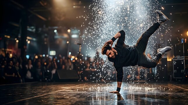Male breakdancer performing a freeze move on stage with glowing sparks
