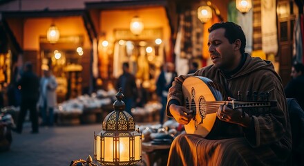 Naklejka premium A man in traditional clothing plays a stringed instrument in a vibrant, lantern-lit market at dusk. People and stalls create a lively atmosphere.