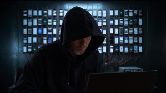 Caucasian Programmer In Neon Illuminated Lab Actively Developing Harmful Malware Scripts On Electronic Devices