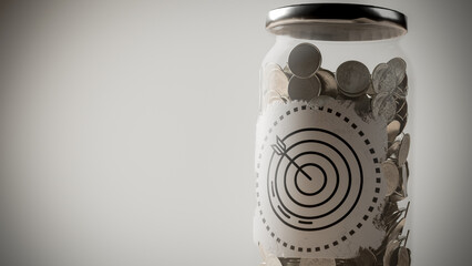 Metal coins accumulating inside a clear glass jar with a target symbol printed on the label, isolated on a light grey background for financial growth © Anonymous