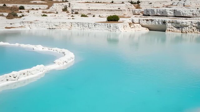 Turquoise thermal pools at pamukkale travertine terraces, turkey