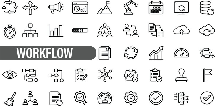Workflow line icon set featuring process, automation, pipeline, sequence, flowchart editable vector illustration.