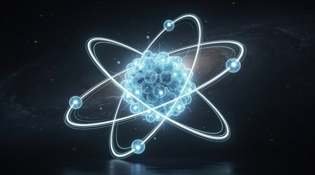 A glowing atomic model with electrons orbiting a nucleus, set against a dark background, symbolizing atomic structure and quantum physics.