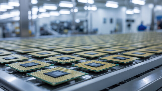 Microchips on a conveyor belt in a factory industrial production line with rows of computer chips