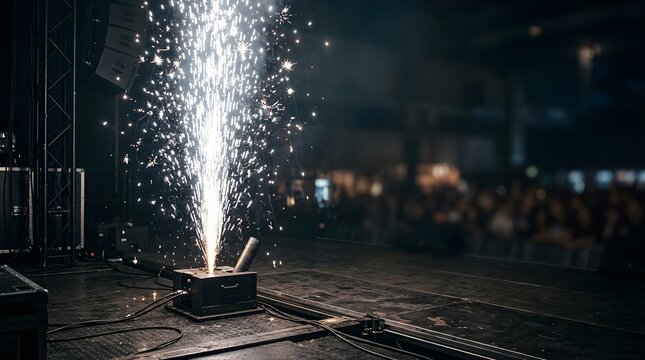 Pyrotechnic spark fountain erupting on a dark concert stage at night