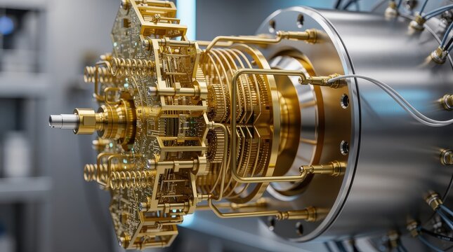 A close-up of a complex, golden quantum computer processor with intricate wiring and mechanical components inside a lab setting.
