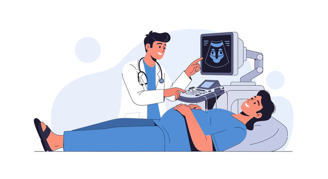 Doctor performs ultrasound on pregnant woman, showing fetus on screen