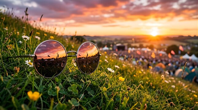 Round sunglasses in a sunny field reflecting an outdoor music festival