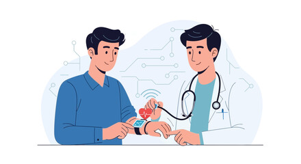 Fototapeta premium Doctor examining smartwatch with heart rate monitor, future medicine concept