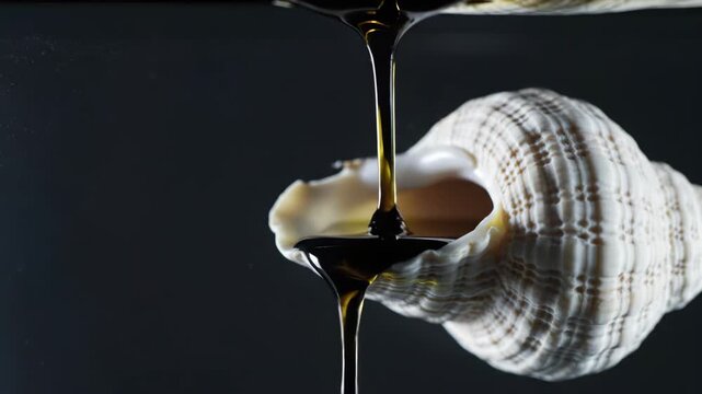 Dark viscous liquid pouring into white seashell. Stream of thick syrup or balsamic glaze filling interior of sea shell. Macro food styling in studio setting