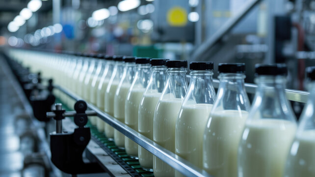 Glass milk bottles on industrial conveyor belt in dairy factory with black caps