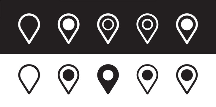 Location marker pins in outline and filled styles, shown on black and white backgrounds for contrast.
