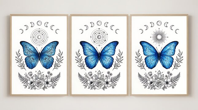 Three framed blue butterfly celestial motif prints with moon phases