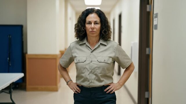 Serious woman in professional uniform standing with hands on hips in a bright office hallway