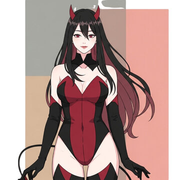 Anime girl in red and black devil costume with transparent background PNG