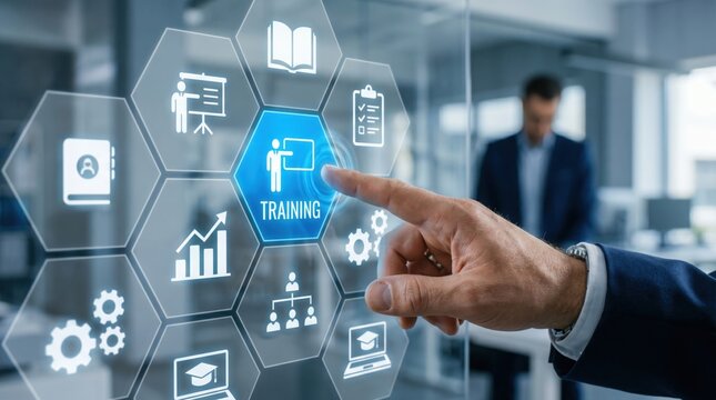 A hand touching a digital screen displaying icons related to training and development. The background shows a blurred office environment with a person standing.