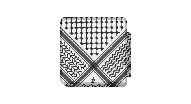 A black and white keffiyeh pattern is displayed on a folded scarf, featuring geometric and zigzag designs.