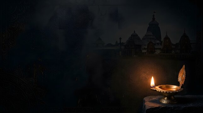 Jagannath temple puri with traditional oil lamp diya in dark background